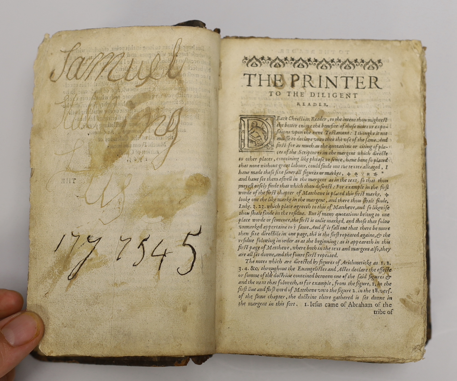 Geneva Bible [English]. - The Holy Bible, 8vo, contemporary calf, covers with lozenge shaped blind stamped device, lacking title, commences at leaf 3, concludes at leaf 445, end papers renewed, London, 1565.